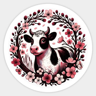 Cherry Blossom Cow Sticker